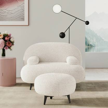 NG Decor Modern White Cream Boucle Accent Chair with Pouf Ottoman Set Lounge Chair with Metal Living Room Chair