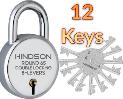 HINDSON Lock with 12 Keys Steel Round 65mm Lock and Key, 8 Lever Padlock Padlock