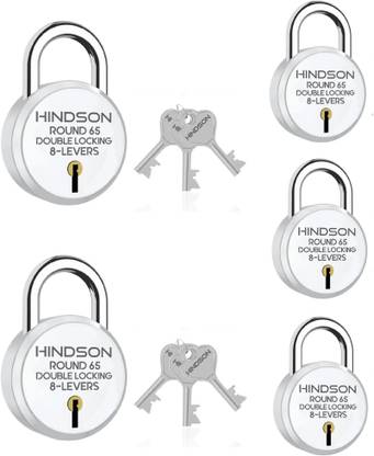 HINDSON Round 65 Double Locking, 8 Levers with 3 Iron Key Lock , Pack of 5, Silver Finish Padlock