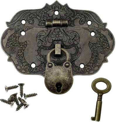 HASTHIP Brass Hasp Latch Lock for Wooden Boxes, Vintage Brass Embossing Hardware Padlock