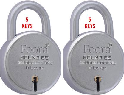 Foora Pack 2 Round 65 with 5 keys Each, Double Locking Technology. Padlock