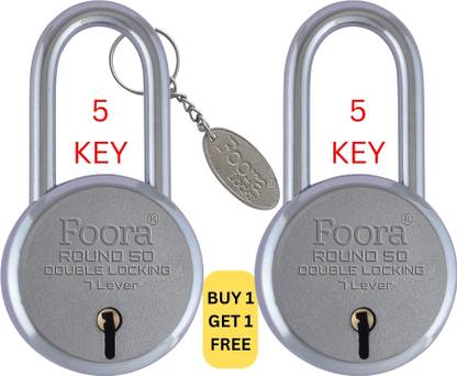 Foora Small Lock and keys Round 50mm Long Shackle 5 keys Pack of 2 padlock for home Padlock