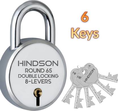 HINDSON Lock with 6 Keys Steel Round 65mm, 8 Levers, Silver Finish Padlock Padlock
