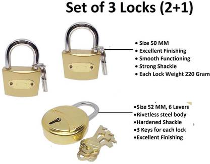 Unikkus Set of 3 locks for home room door and multi purpose lock, 3 keys for each Padlock