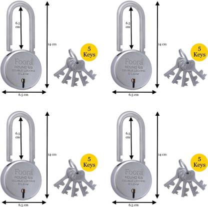 Foora (Pack 4) Round 65 LS with 5 Keys Each, Extra Long Shackle, Double Locking, Padlock