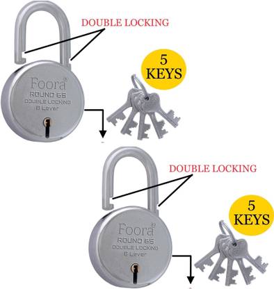 Foora (Pk 2) Round 65 with 5 Keys Each , Double Locking Multipurpose Lock Padlock