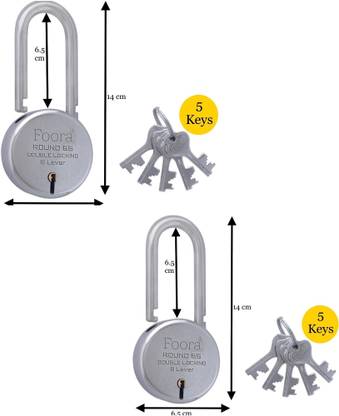 Foora (Pack 2)Round 65 LS with 5 Keys Each, Long Shackle, 8 Lever, Double Locking Padlock