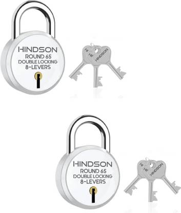 HINDSON Round 65 Double Locking, 8 Levers with 3 Iron Key Lock , Pack-2, Silver Finish Padlock