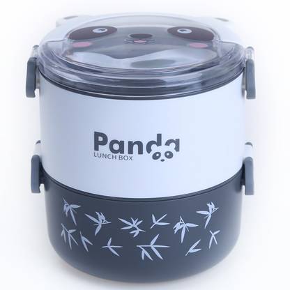 KUBER INDUSTRIES Insulated Plastic Lunch Box With 2 Compartments|2000 ML|HX0043347|Black & White 2 Containers Lunch Box