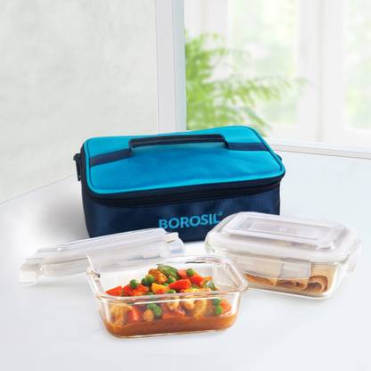 BOROSIL Alfa Blue Lunch Box Set of 2 (370 ml Each) with Lunch Bag, Rectangle, Horizontal 2 Containers Glass Office Lunch Box