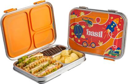 BASIL Bento Box - Lunch Box for Kids| Stainless Steel| Leak Proof| - Red 3 Containers Lunch Box