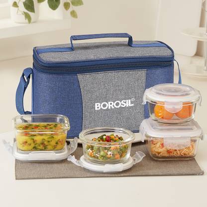 BOROSIL Alora Universal Glass Lunchbox, 4 pc Set (320 ml x 2 + 240 ml x 2) 4 Containers Lunch Box