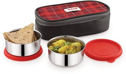 Liza Steel Lunch 2 Tiffin Box Stainless Steel Bowl Pouch Food Grade PU Insulated Red 2 Containers Lunch Box