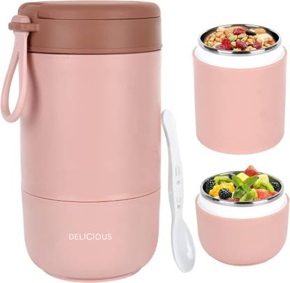 Bhaguji Insulated Food Container for Kids Adult Food Jar with Folding Spoon Leak Proof 2 Containers Lunch Box