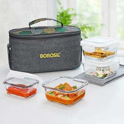 BOROSIL Foodluck Aroma Lunch Box with Bag, 4 Pc (320ml x 3 + 120ml x 1) Tiffin 4 Containers Lunch Box
