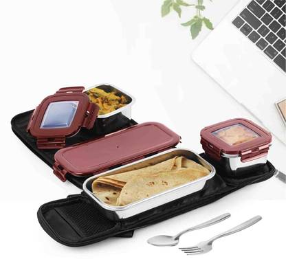 cello Swag Lunch Box with Inner Steel |355mlx 2 + 570ml x 1 Containers with Jacket 3 Containers Lunch Box