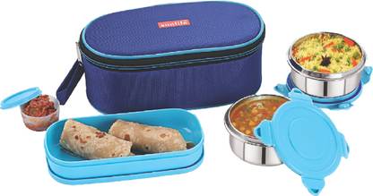 SUNLIFE Refresh 4 Pcs Set - Insulated Oval Lunch Pack - 2Pc Stainless Steel Containers, 1Pc Paratha Container, 1Pc Chutney Jar 4 Containers Lunch Box