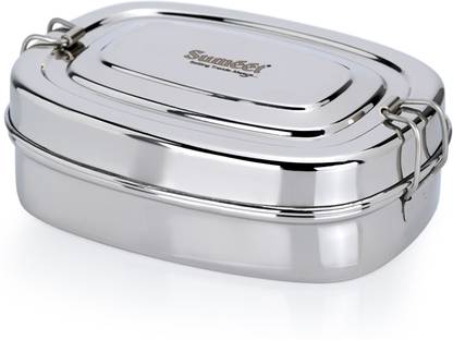 Sumeet Stainless Steel Rectangle Lunch Box with 2 Compartments & Locking Clip,650ML 1 Containers Lunch Box