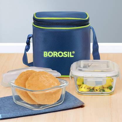BOROSIL Klip-n-Store Lunch Box with Bag, 2 Pc (320ml x 2), Square Office Tiffin 2 Containers Lunch Box