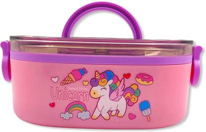 PW PENCILWALA Lunch Box for School Kids – Cute Cartoon Design Lunch Box with Spoon 2 Containers Lunch Box