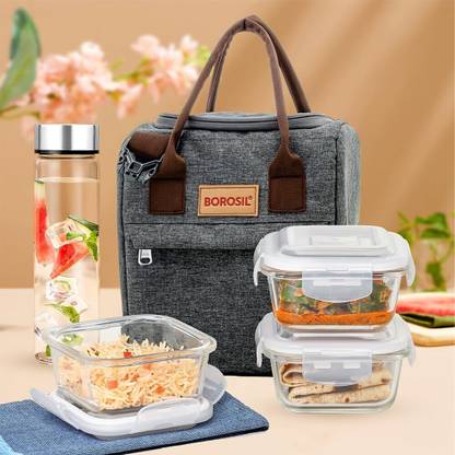 BOROSIL Gourmet Lunchbox, 3 pc Set (320ml Each) + 1 (550ml) Glass Bottle, Leakproof 3 Containers Lunch Box