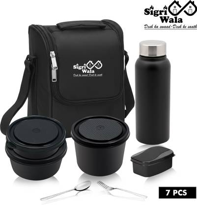 Sigri-wala Black Lunch Box Microwave Safe Set of 7 with Bottle|Bag & Cutlery 7 Containers Stainless Steel Office Lunch Box