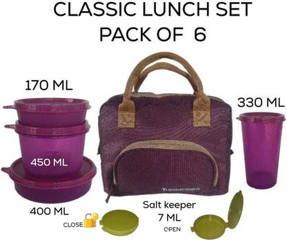 TUPPERWARE New Classic Lunch Set Airtight 4 Container + Salt Pepper 7Ml +Bag (Pack of 6) 5 Containers Polypropylene Office Lunch Box