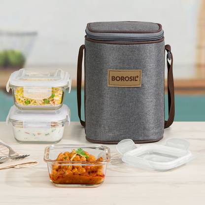 BOROSIL Pro Glass Lunchbox, 3 pc Set (320 ml Each), Microwave Safe 3 Containers Lunch Box