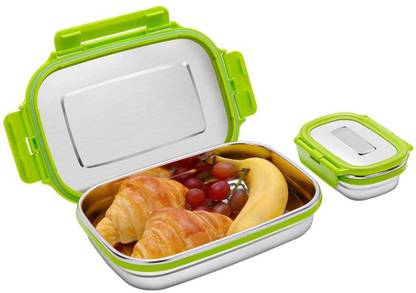 Laserbot Stainless Steel Silicone Locking with Steel lid Air Tight Lid 800 ML × 150 ML 2 Containers Lunch Box