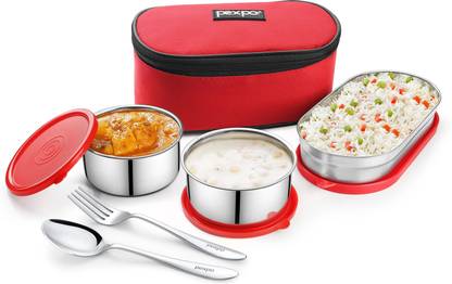 pexpo Delight Steel with 2 Round Containers (2*280ml) and Roti Box (400ml) and Spoon 3 Containers Lunch Box