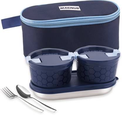 Magnus Olive 3 Prime Lunch Box | 2 Microwave Safe Steamlock Steel Containers with Fork 3 Containers Lunch Box