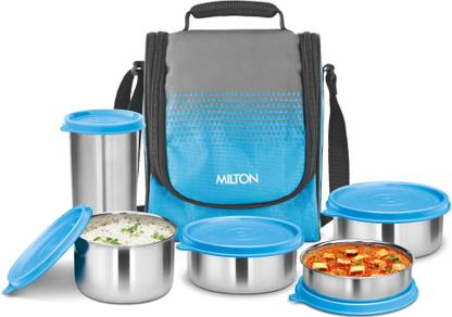 MILTON Tasty 4 Stainless Steel Lunch Box (4 Containers and 1 Tumbler), 530 ml, Cyan 4 Containers Lunch Box