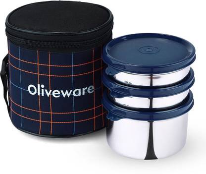 Oliveware Lovely Stylo Lunch Box(2x300ml,1x600ml) 3 Containers Stainless Steel Office Lunch Box