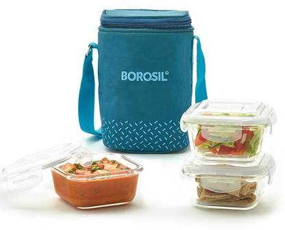 BOROSIL Teal Lunch Box with Bag, 3 Pc (320 ml x 3 Square), Glass Office Tiifin 3 Containers Lunch Box