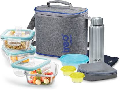 TREO All Fresh Premier Square 3 container,Bottle,2 Chutney Dabba,1 Salad Box & 1 Mat 8 Containers Lunch Box