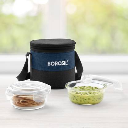 BOROSIL Lunch Box with Bag, Set of 2 (400 ml x 2), Office Tiffin, Vertical 2 Containers Glass Office Lunch Box