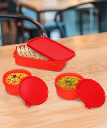 JAVA Oval Lunch Box Red 3 Containers Plastic Office Lunch Box