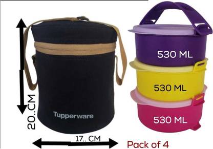 TUPPERWARE Tupp Tiffin Click To Go Round 530+530+530ml+Bag (Pack of 4) 4 Containers Lunch Box