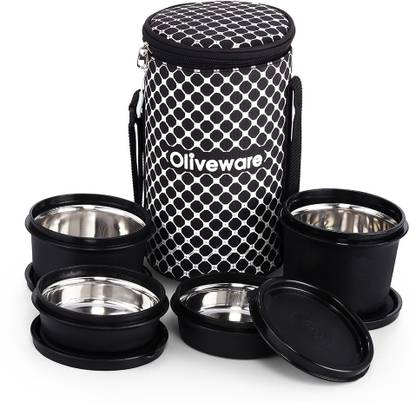 Oliveware Munchy Lunch Box with Bag | Microwave Safe 4 Containers Lunch Box