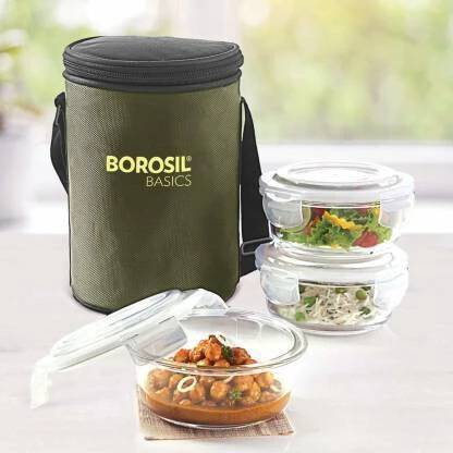 BOROSIL Glass Round Lunch Box Set Of 3 Containers Lunch Box