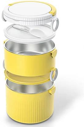 ROYALDEALS - RD Insulated Stainless Steel Round Lunch Box Double Layer with Carrying Handle 2 Containers Lunch Box
