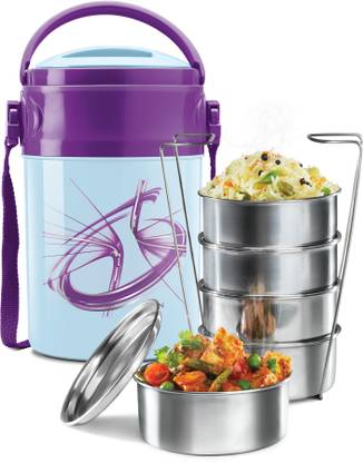 MILTON Containers, 380 ml Each and 1 Papad Box 200 ml, Blue 4 Containers Lunch Box