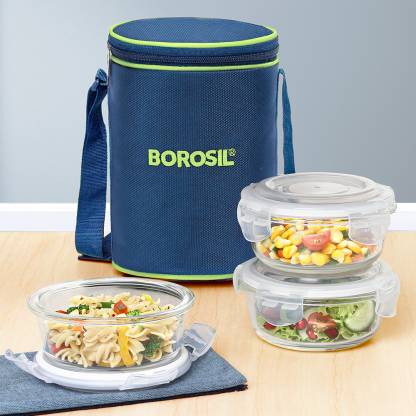 BOROSIL Microwavable Klip N Store Round 400 Ml 3 Containers Lunch Box
