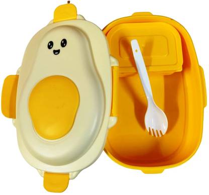Gift Collection Avocado Plastic Lunch Box Container With Spoon. 4 Way Lock School Tiffin Box 2 Containers Lunch Box