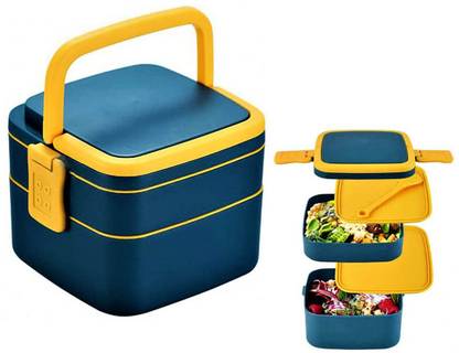 JIYANSH DOUBLE-LAYER SQUARE LUNCH BOX WITH HANDLE 2 Containers Plastic, Stainless Steel Office Lunch Box