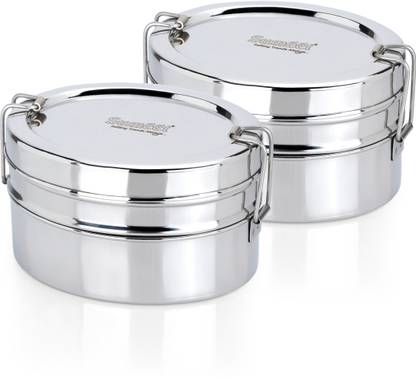 Sumeet Stainless Steel Oval Lunch Box / Tiffin with 2 Compartments & Locking Clip,800ML 2 Containers Lunch Box