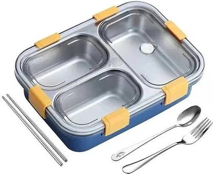 KitchenQ Leakage Proof Stainless Steel Lunch Box with Fork,Chopstick & Spoon 3 Containers Lunch Box