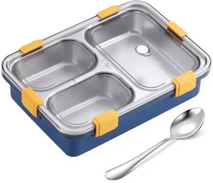 plizzo kitchenware 3 Compartment Stainless Steel Lunch Box, Leakage Proof Lunch Box For School 3 Containers Lunch Box