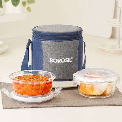 BOROSIL Alora Borosilicate Glass Lunchbox, 2 pc Round Set (400 ml Each), Vertical 2 Containers Lunch Box