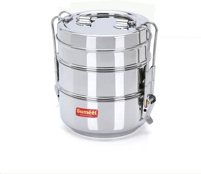 Sumeet Stainless Steel Small Size 3 Compartment Lunch Box/Tiffin with Lid & Handle,10Cm 3 Containers Lunch Box